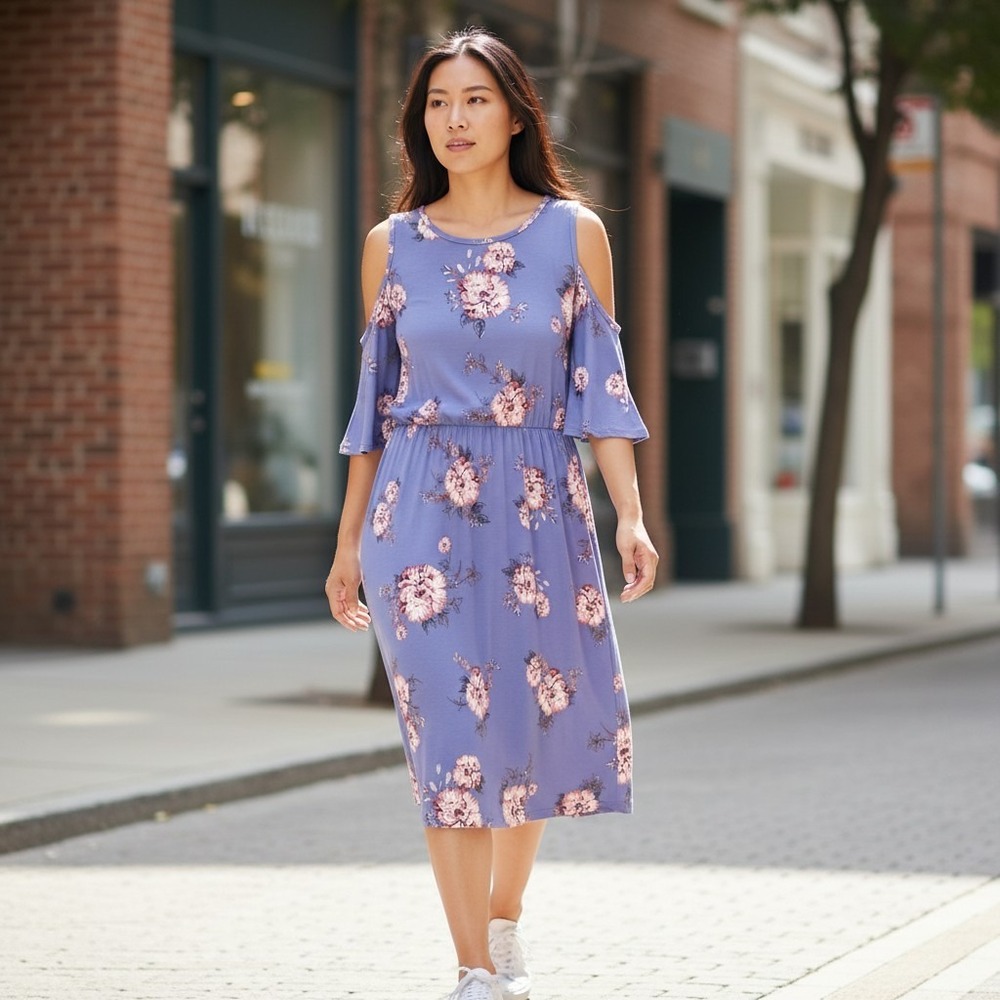 Pink Rose Womens Medium Blue Floral‎ Cold Shoulder Dress NWOT